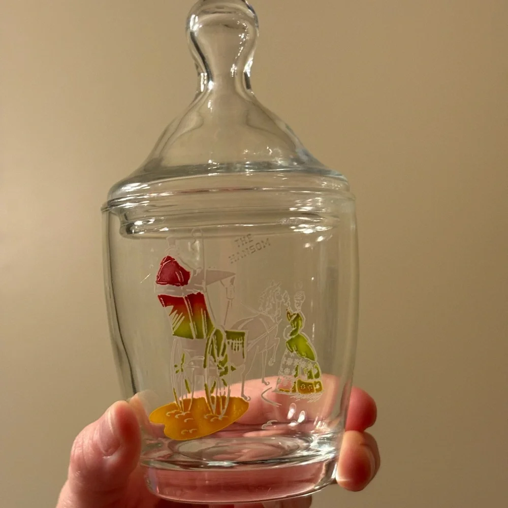 Vintage apothecary jar with lid Q-tip holder horse and carriage “the handsome”
